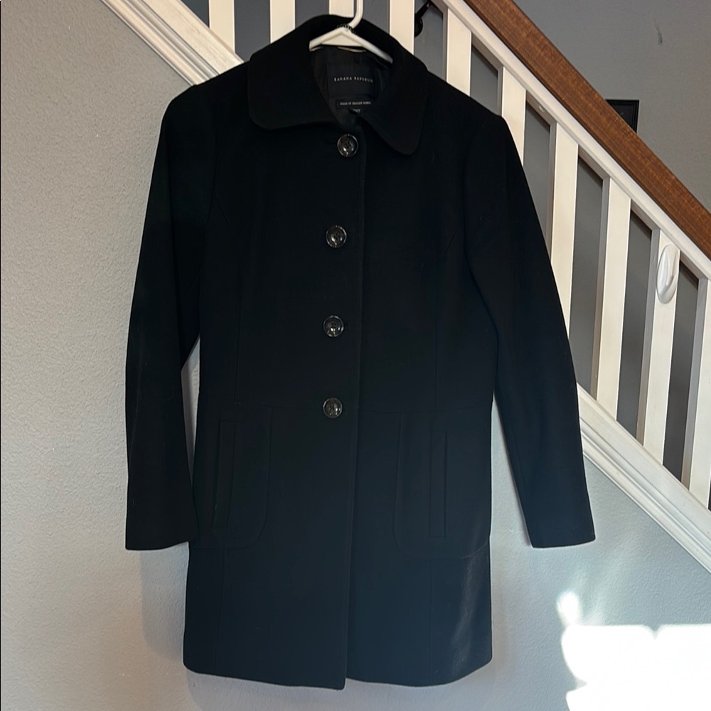 Banana Republic Black Pea Coat Wool Mid-Length, petite small
